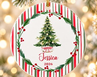 Christmas Tree Ornament PNG, Watercolor Wreath with Red Green Stripes, Round Sublimation Design, Digital Download