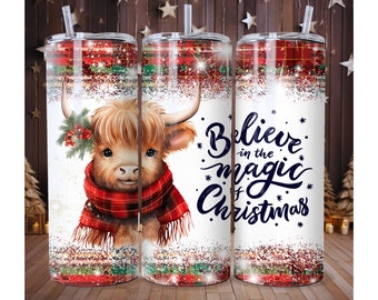 Envoltorio para vaso navideño de vaca de las Tierras Altas: vaso delgado de 20 oz PNG (descarga digital)