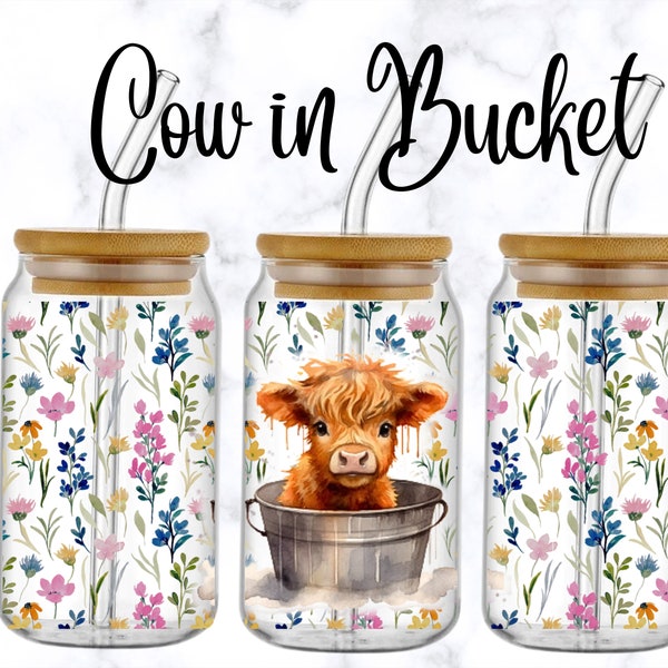 Cow In Bucket - SEAMLESS - 16 oz Libbey Glass Can Tumbler Sublimation Design Digital Download PNG highland cow png Wraps for Libbey Cup