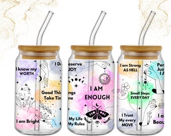 Boho Affirmations 16 oz Glass Can Wrap: Positive Quotes (Digital File)