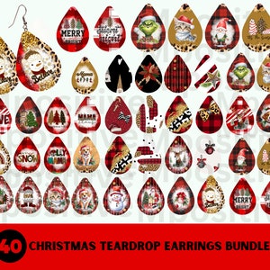 May include: A set of 40 Christmas-themed teardrop earrings. The earrings feature a variety of designs, including snowflakes, reindeer, Santa Claus, and Christmas trees. The earrings are made of metal and have a silver finish.