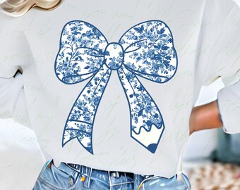 Teacher Pencil Chinoiserie Bow PNG: Floral Coquette Sublimation (Digital Download)