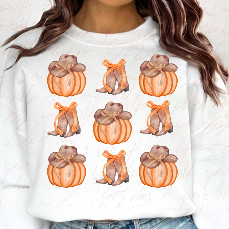 May include: A white sweatshirt with a repeating pattern of orange pumpkins, brown cowboy hats, and brown cowboy boots with orange bows.