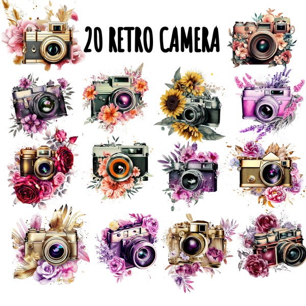 Watercolor Retro Cameras Clipart - Vintage floral shabby cameras in PNG format instant download for commercial use, Retro Camera Sublimation