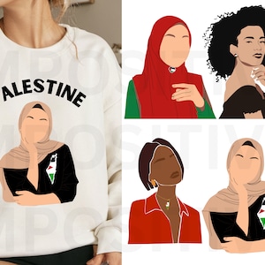 May include: A white sweatshirt with the word "PALESTINE" printed in black letters. The sweatshirt features a graphic of a woman wearing a black hijab and a black and white Palestinian flag.