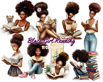 Black Girl Bookworm Clipart: Student PNG Graphics (Digital Download)
