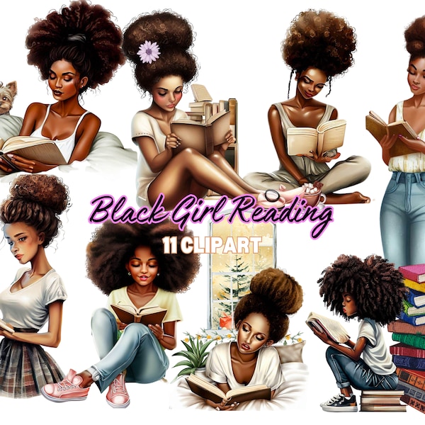 Bookworm black girl clipart, Black girl studying clipart, Book lover PNG, Student clipart digital paper craft, black girl magic clipart