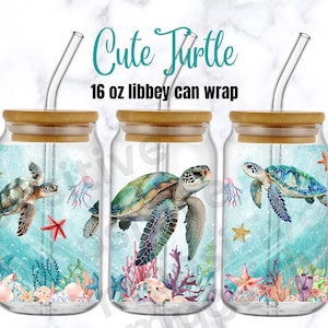 Cute Turtle Glass Can Wrap, Turtle Libbey 16oz Glass Can Sublimation, Turtle Tumbler Wrap, Animal Glass Cup, Mothers Day Libbey Glass Wrap