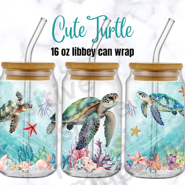 Cute Turtle Glass Can Wrap, Turtle Libbey 16oz Glass Can Sublimation, Turtle Tumbler Wrap, Animal Glass Cup, Mothers Day Libbey Glass Wrap