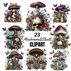 May include: A set of 23 digital clipart images featuring colorful mushrooms and skulls. The images are perfect for creating whimsical and spooky designs.