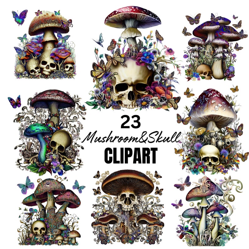 May include: A set of 23 digital clipart images featuring colorful mushrooms and skulls. The images are perfect for creating whimsical and spooky designs.
