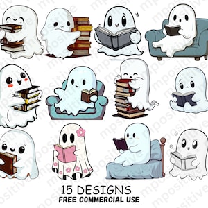 Può includere: Un set di 15 illustrazioni digitali con simpatici fantasmi che leggono libri. I fantasmi sono in varie pose, alcuni seduti su sedie, alcuni su letti e alcuni che tengono pile di libri. Le illustrazioni sono in stile cartone animato e sono perfette per l'uso in progetti digitali.