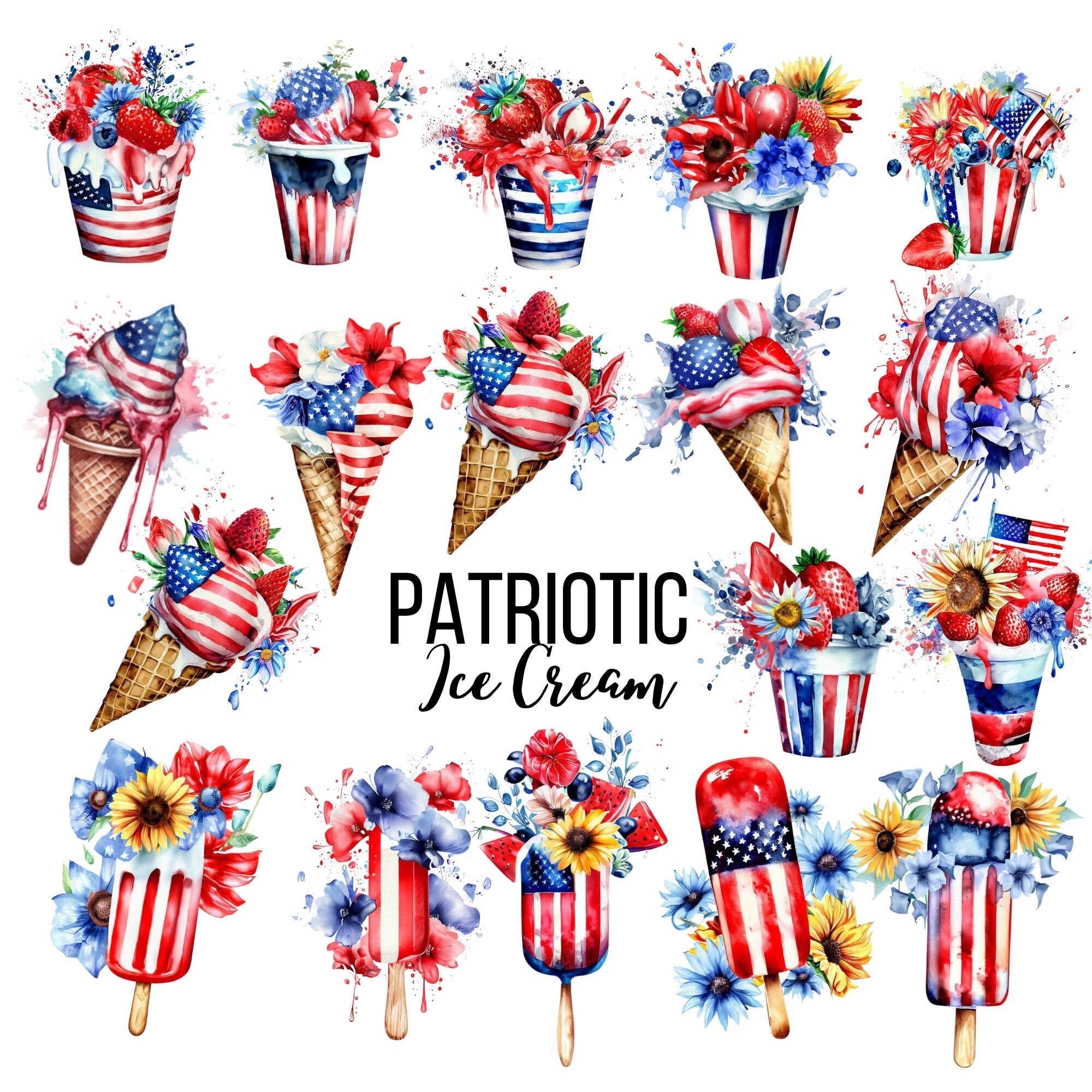 4th of July Ice Cream Clipart: Patriotic USA Watercolor (PNG Digital Download)