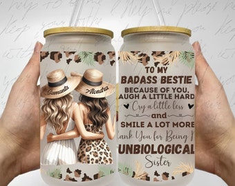 Personalized to my bestie 16oz Glass Can Wrap bestie gift leopard print Reminders iced coffee glass best friend Because Of You I Laugh