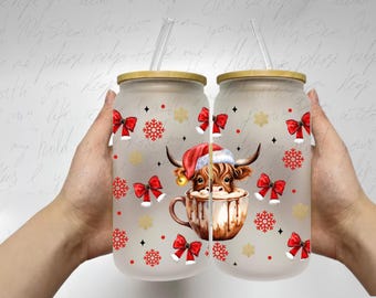 Christmas Highland Cow Libbey Glass Can PNG Wrap (Digital Download