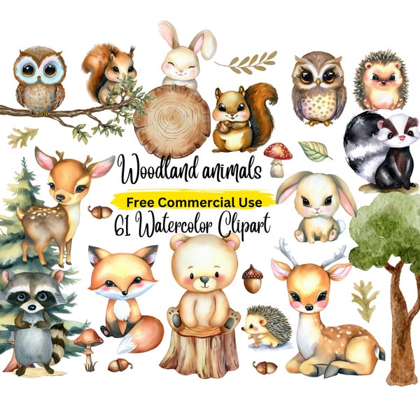 61 Woodland animals watercolor clipart, forest animals clip art, nursery decor, bear, fox, owl, hedgehog, rabbit, deer