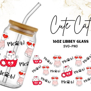 Pink Cat 16oz Glass Can Wrap: Valentine&#39;s Day Tumbler (SVG-PNG)