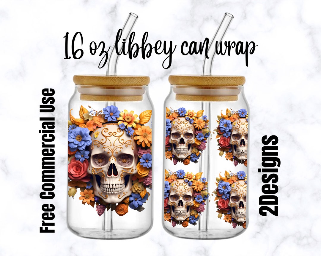 3d Skull Flower Can Glass Wrap Png, Floral Skull, Floral Libbey Glass ...