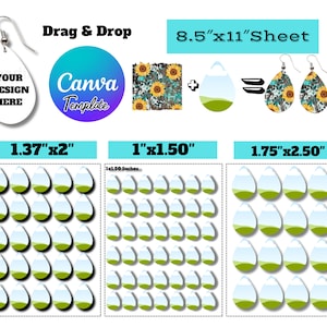May include: A digital download template for creating earrings with a landscape design. The template includes three sizes: 1.37 inches by 2 inches, 1 inch by 1.50 inches, and 1.75 inches by 2.50 inches. The template is designed to be used with Canva.