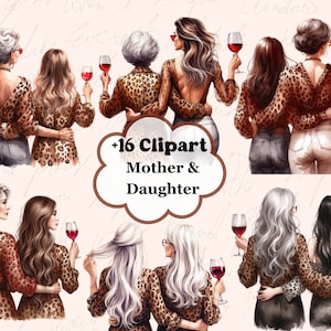 Mother Daughter Clipart: Watercolor Leopard Print (Instant Download)