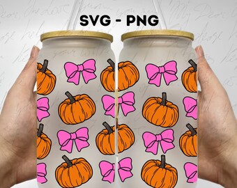 Envoltorio para lata de vidrio de 16 oz con lazo de calabaza otoñal (PNG SVG)