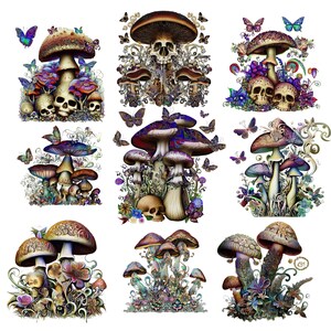 May include: A digital illustration of nine colorful mushrooms with intricate details. The mushrooms are surrounded by flowers, leaves, and butterflies. Some of the mushrooms have skulls at their base.