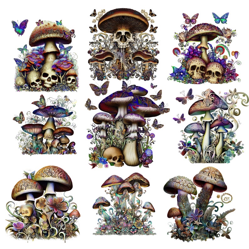 May include: A digital illustration of nine colorful mushrooms with intricate details. The mushrooms are surrounded by flowers, leaves, and butterflies. Some of the mushrooms have skulls at their base.