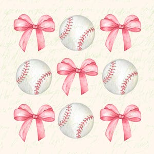 May include: Watercolor illustration featuring baseballs and pink bows on a cream-colored background with script. The baseballs are white with red stitching. The bows are a soft pink color, adding a touch of elegance to the design. The overall theme is a blend of sports and feminine charm.