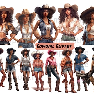 Clipart femme noire, bottes de cow-girl et chapeaux clipart, clipart femmes noires, bottes de cow-boy femmes de couleur, mode cow-girl d'été fille bien roulée
