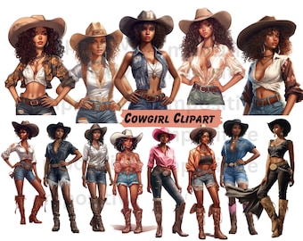 May include: A collection of digital illustrations featuring cowgirl characters. Each cowgirl wears a cowboy hat, denim shorts or jeans, a belt, and cowboy boots. The cowgirls are wearing different tops, including shirts and jackets. The text "COWGIRL CLIPART" is displayed.