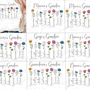 May include: A digital design featuring a floral garden with names written on each flower. The names include Samara, Caithy, Andra, Sophia, Jackson, Samarn, Emma, and Michael. The text at the top of the design reads "Nanny's Garden".