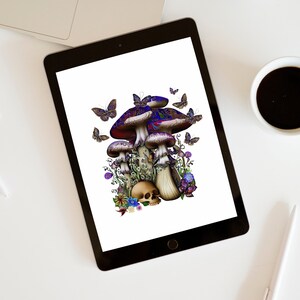 May include: A digital illustration of three mushrooms with purple and blue tops and white stems. The mushrooms are surrounded by colorful flowers and butterflies. A skull is at the base of the mushrooms.