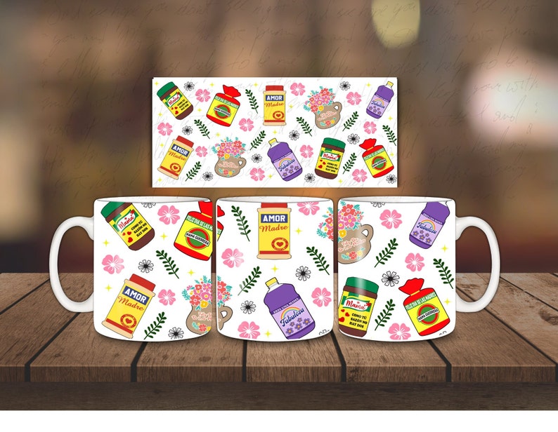 May include: Four white ceramic mugs with a colorful pattern of flowers, leaves, and various household products. The pattern includes the text "Amor Madre" and "Fabulosa" on some of the products.