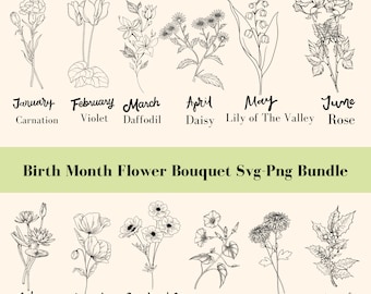 Birth Month Flower SVG Bundle: Botanical Floral Designs (SVG, PNG)