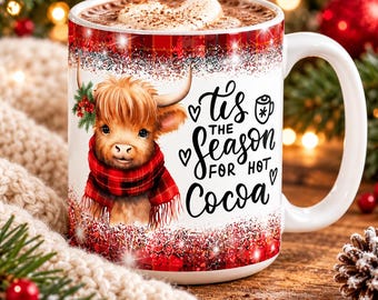 Christmas Highland Cow Mug Wrap PNG: Hot Cocoa Sublimation Design for 11oz & 15oz