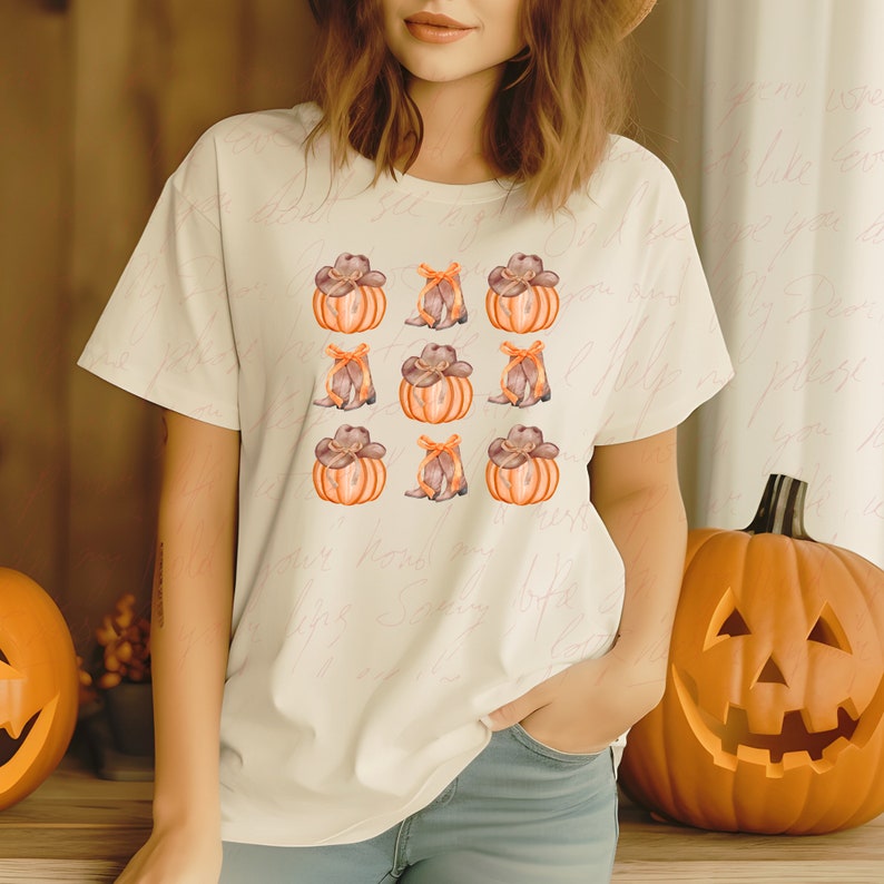 May include: A white t-shirt with a pattern of orange pumpkins wearing cowboy hats and boots. The pumpkins are arranged in a grid pattern.