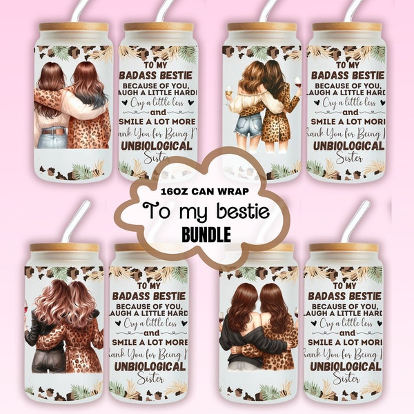 Personalized to my bestie 16oz Glass Can Wrap Bundle bestie gift leopard print Reminder iced coffee glass best friend Because Of You I Laugh