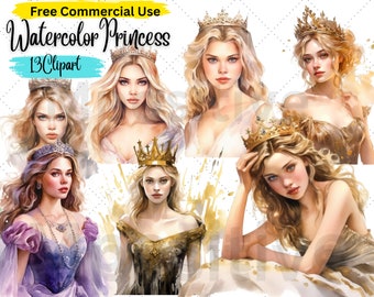 Watercolor Princess Clipart: Fantasy Girl Portraits (PNG Digital Download)