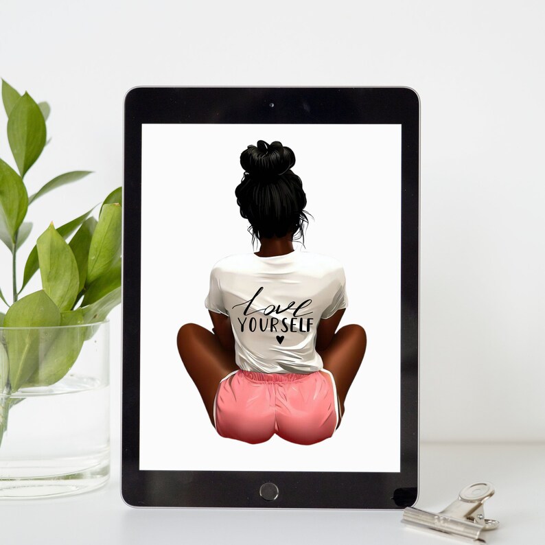 May include: A digital illustration of a person sitting with their legs crossed, wearing a white t-shirt with the text "love yourself" and a pink pair of shorts.