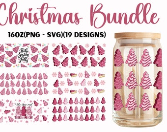 Paquete SVG de envoltura de vidrio para pastel de árbol de Navidad: 16 oz, 19 diseños (PNG)
