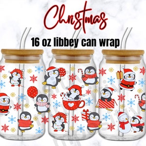 Penguin Christmas 16oz Libbey Glass Can Tumbler Sublimation Design - libbey can wrap, Digital Download PNGmSanta. Snow,Ho Ho Ho