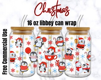 Diseño de sublimación para vaso de cristal Libbey de Navidad con diseño de pingüino (descarga digital PNG)