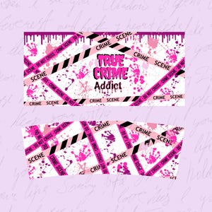 May include: Pink and black crime scene tape with pink handprints and splatters on a white background. The text "TRUE CRIME Addict" is in the center of the image.