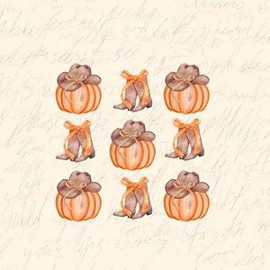May include: A digital illustration of nine pumpkins with cowboy hats and boots. The pumpkins are orange with a light orange stem. The cowboy hats are brown with a brown band. The boots are brown with a light brown shaft. The background is a light beige with a handwritten pattern.