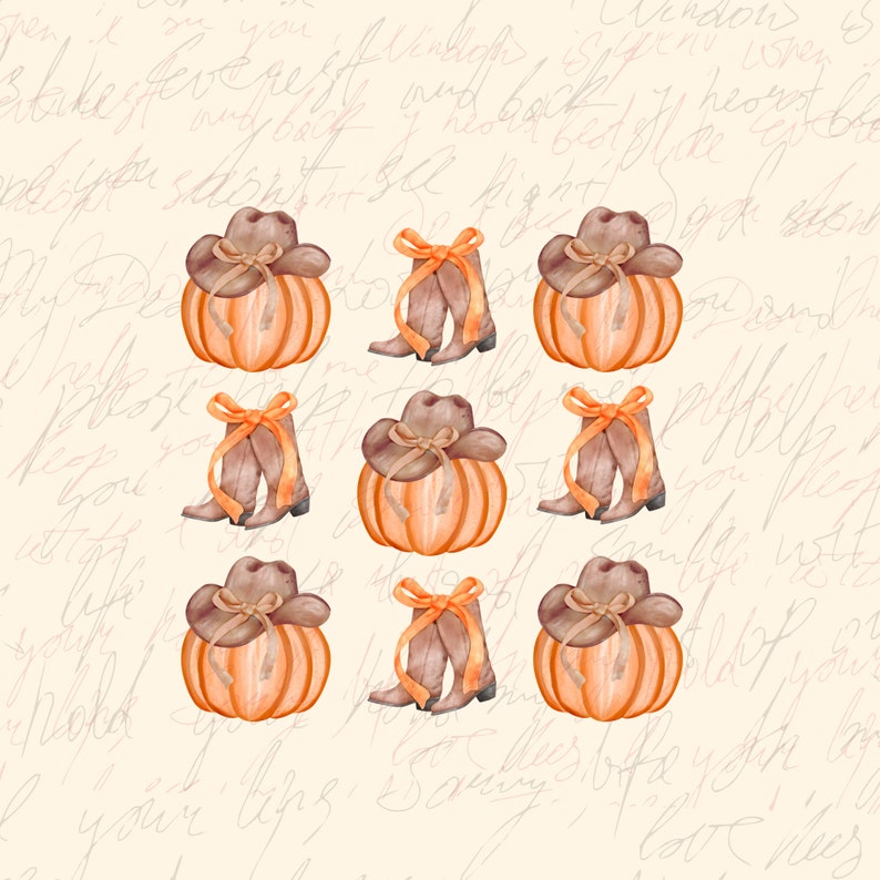 May include: A digital illustration of nine pumpkins with cowboy hats and boots. The pumpkins are orange with a light orange stem. The cowboy hats are brown with a brown band. The boots are brown with a light brown shaft. The background is a light beige with a handwritten pattern.