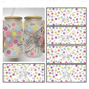 Paquete personalizado de lata de vidrio Libbey de 16 oz con la frase "Mano de mamá" (PNG), vaso floral para mamá (PNG), mano de la abuela, taza de vidrio para el Día de la Madre