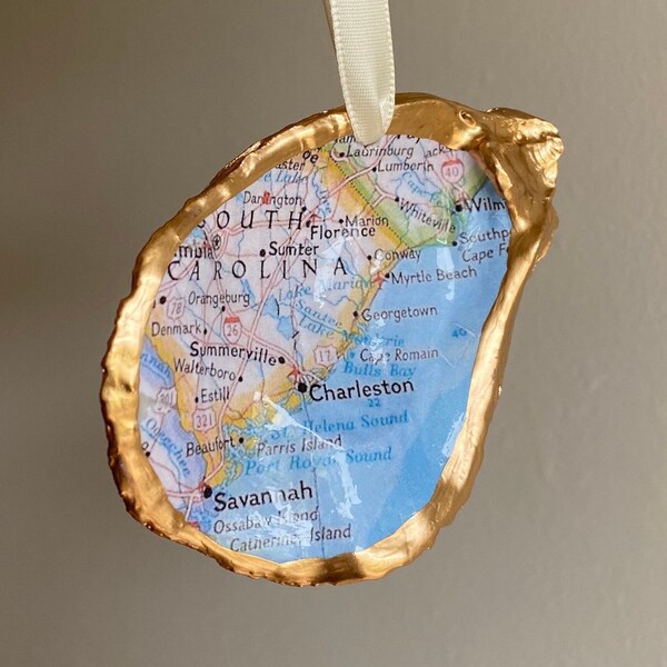 Charleston South Carolina Map Oyster Shell ornament, Jewelry Dish Ring Holder