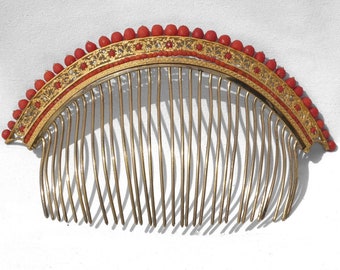 Large Hair Comb / Tiara, In Silver Vermeil & Coral First Empire Period Nineteenth Jewel 19th Antique