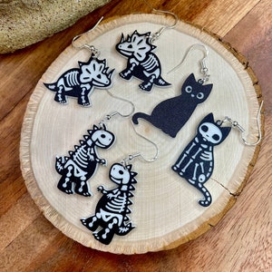 Halloween Skeleton Earrings, Spooky Cat, Dinosaur, Acrylic Dangle Earrings