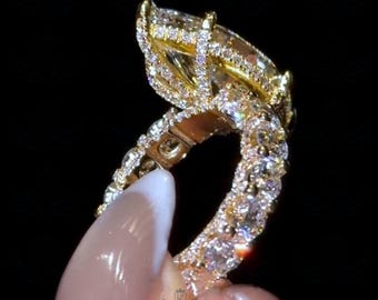 4CT Marquise Moissanite Engagement Ring, 18K Gold Hidden Halo, Diamond Pave
